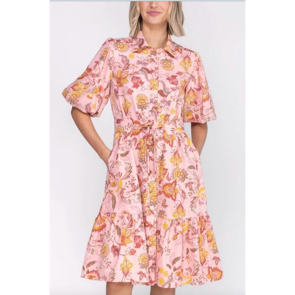 Yakira Bella Dresses & Skirts - Yakira Bella Dress Womens XS Pink Allie Floral Belted Ruffle Hem Puff Sleeve